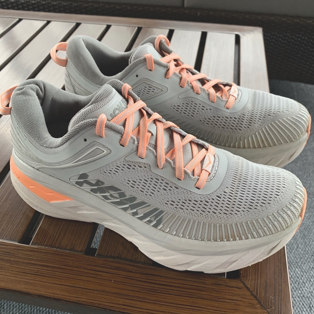HOKA One One Bondi 7 Sharkskin Grey Harbor Mist Peach Sneaker Shoes  10M GUC